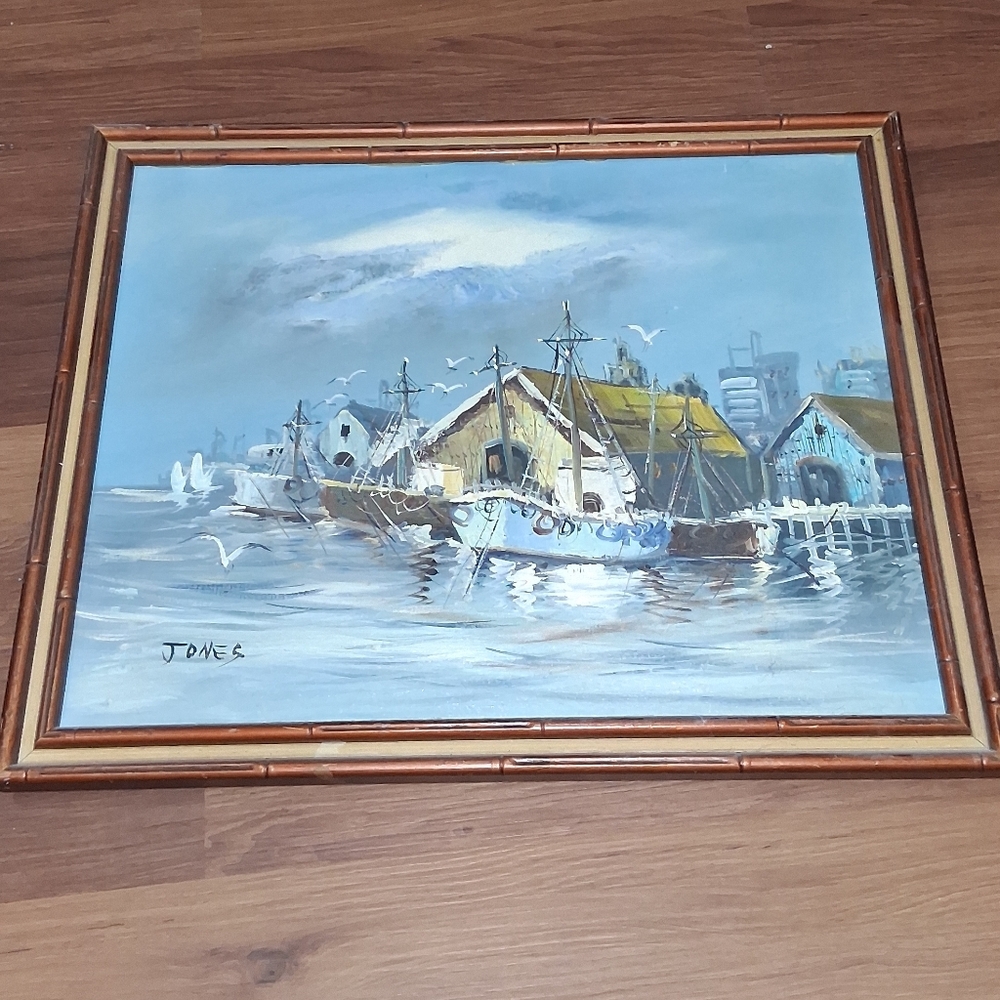Jones Framed Nautical Scene Painting with Blue and Brown Tones